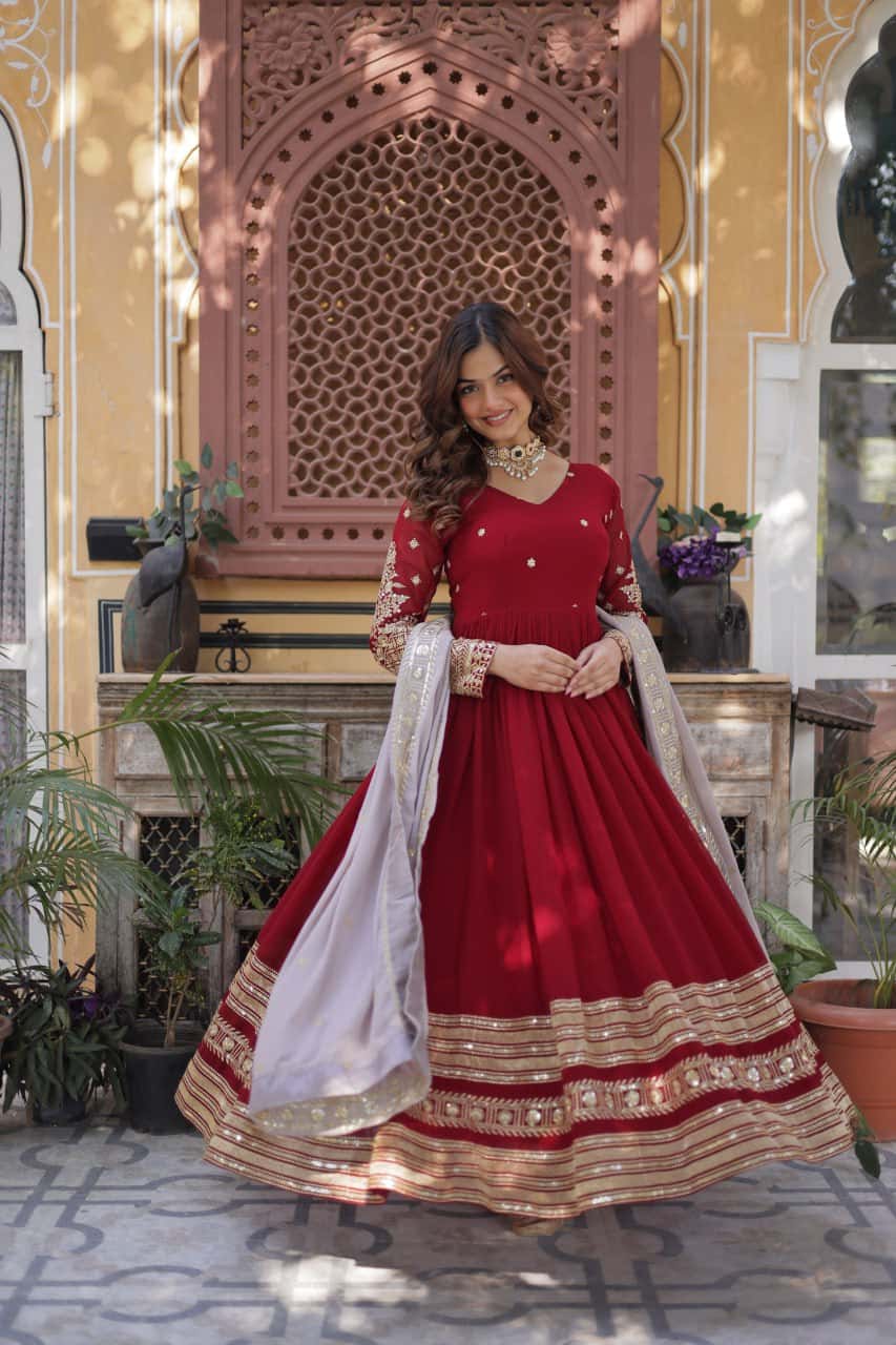 Elegant Faux Blooming Embroidered Zari Sequins Gown with Sequins-Embroidered Dupatta