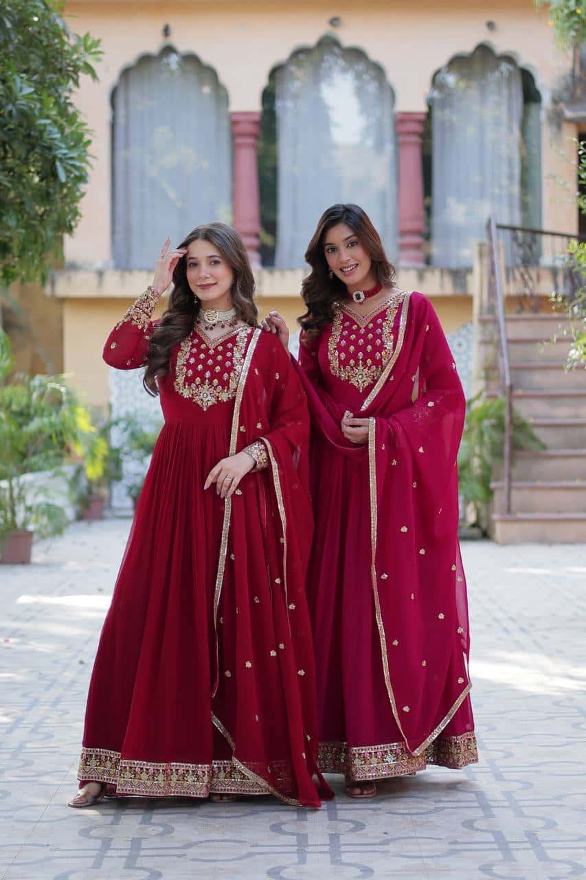 "Elegant Faux Blooming Georgette Gown with Sequins Embroidery & Matching Dupatta"