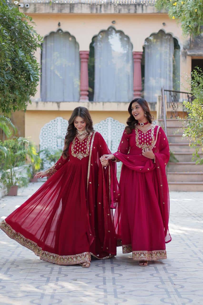 "Elegant Faux Blooming Georgette Gown with Sequins Embroidery & Matching Dupatta"