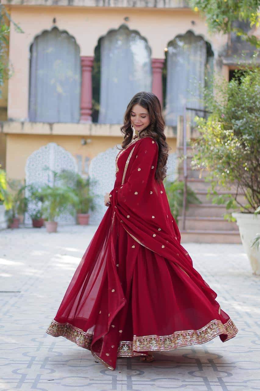 "Elegant Faux Blooming Georgette Gown with Sequins Embroidery & Matching Dupatta"