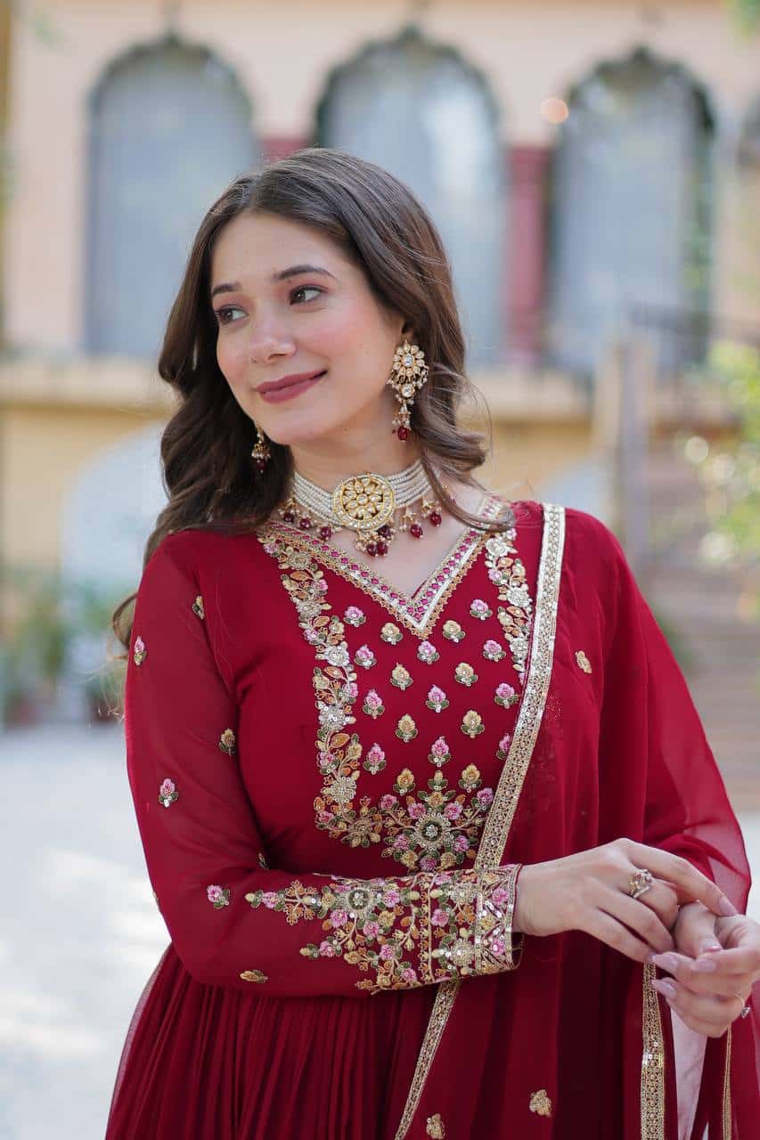 "Elegant Faux Blooming Georgette Gown with Sequins Embroidery & Matching Dupatta"