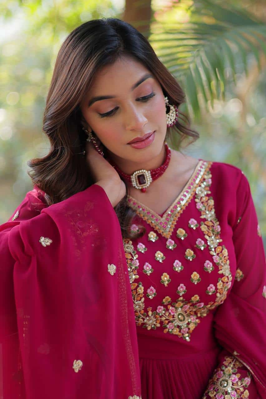 "Elegant Faux Blooming Georgette Gown with Sequins Embroidery & Matching Dupatta"