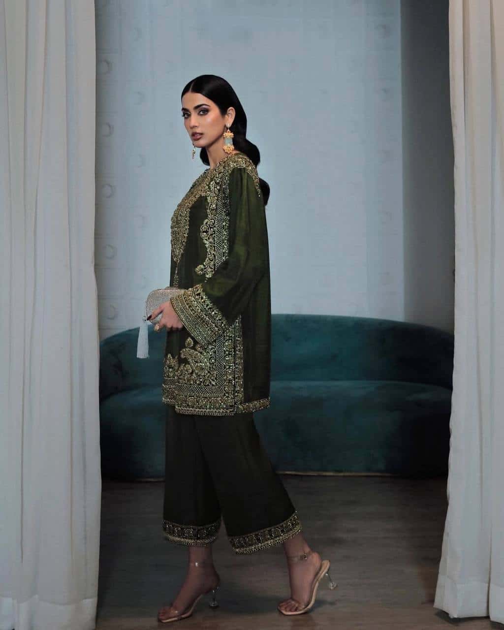 "Elegant Chinon Set with Embroidered Sleeves, Palazzo & Soft Net Dupatta"