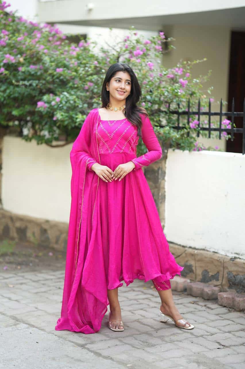 "Chinnon Silk Elegance: Embroidered Dress and Dupatta Set"