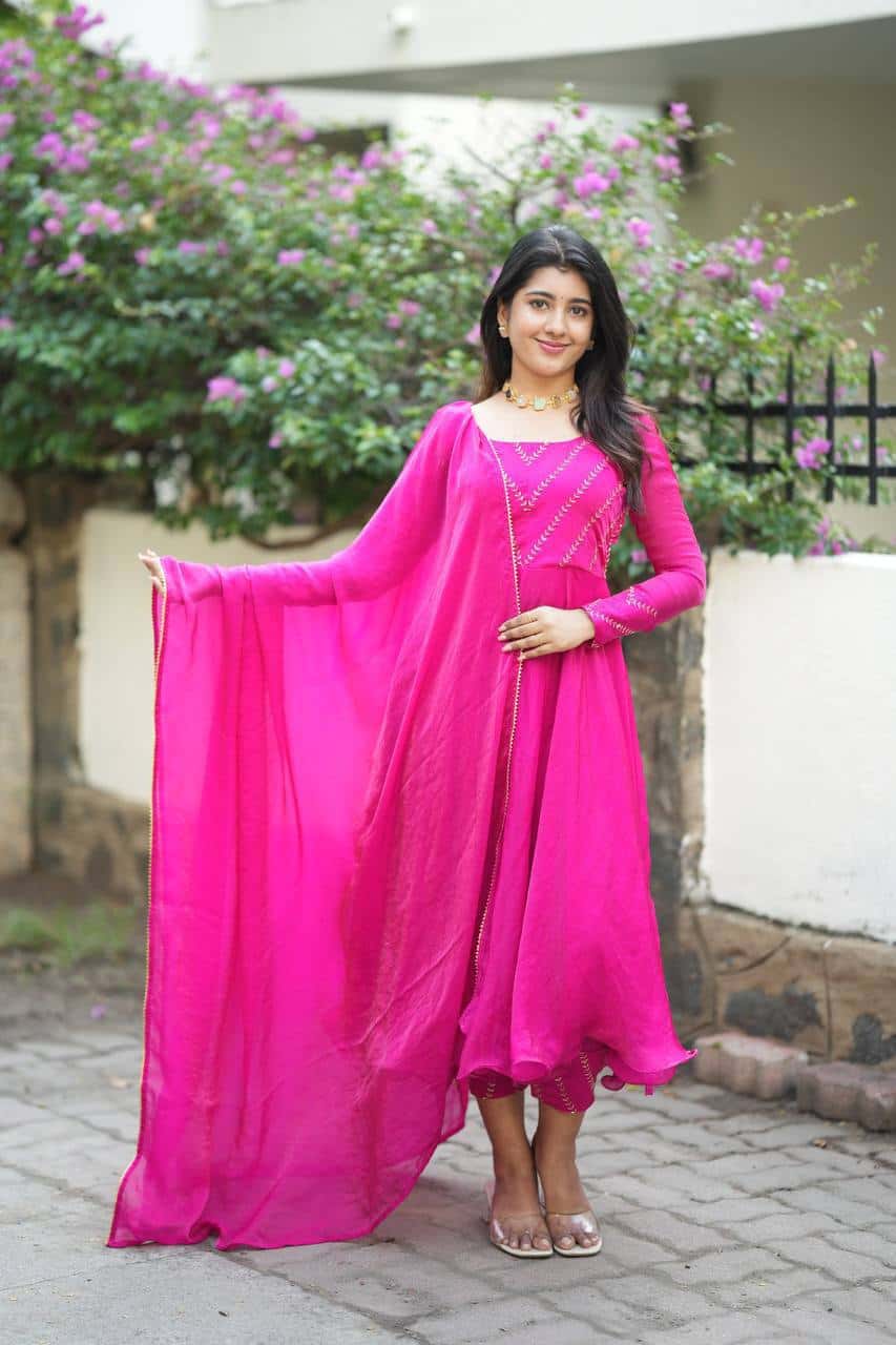 "Chinnon Silk Elegance: Embroidered Dress and Dupatta Set"
