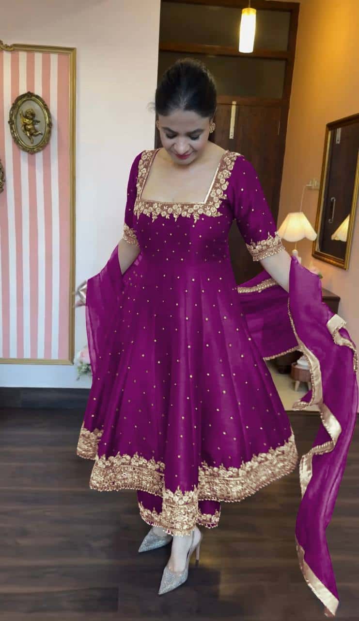 "Luxury Anarkali Gown Set with Vichitra Silk, Embroidered Sequence, Plazzo, and Designer Dupatta"