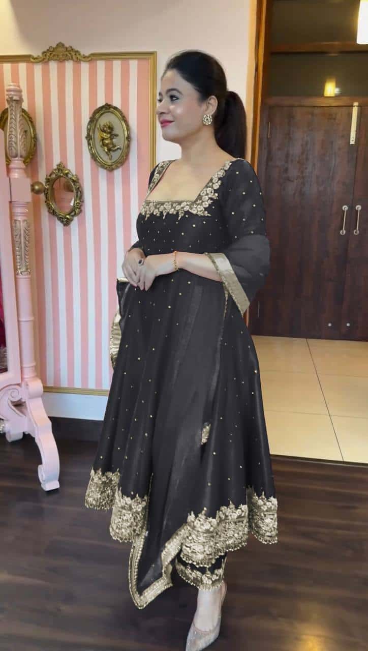 "Luxury Anarkali Gown Set with Vichitra Silk, Embroidered Sequence, Plazzo, and Designer Dupatta"