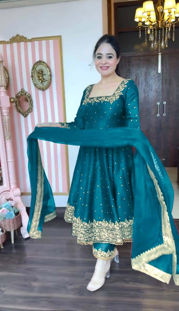 "Luxury Anarkali Gown Set with Vichitra Silk, Embroidered Sequence, Plazzo, and Designer Dupatta"