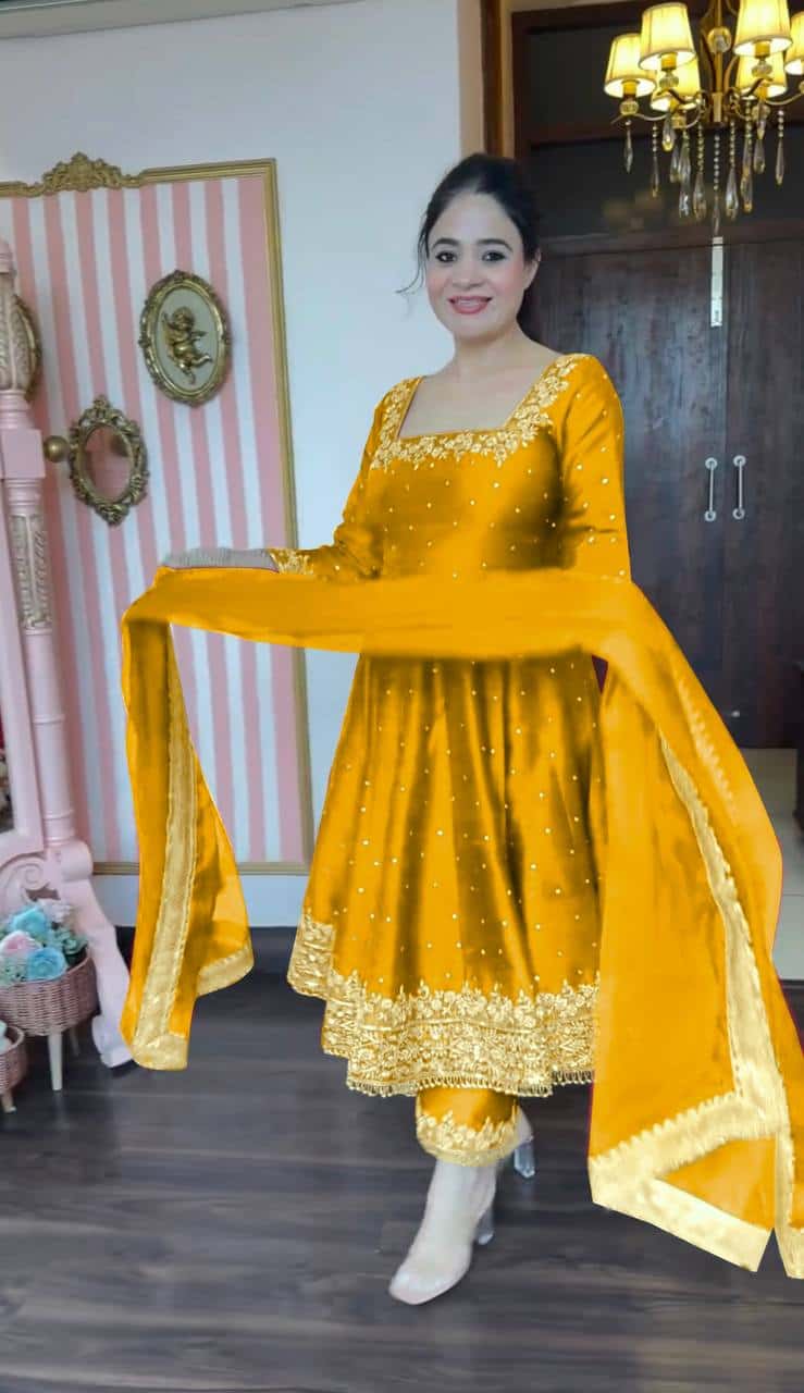 "Luxury Anarkali Gown Set with Vichitra Silk, Embroidered Sequence, Plazzo, and Designer Dupatta"
