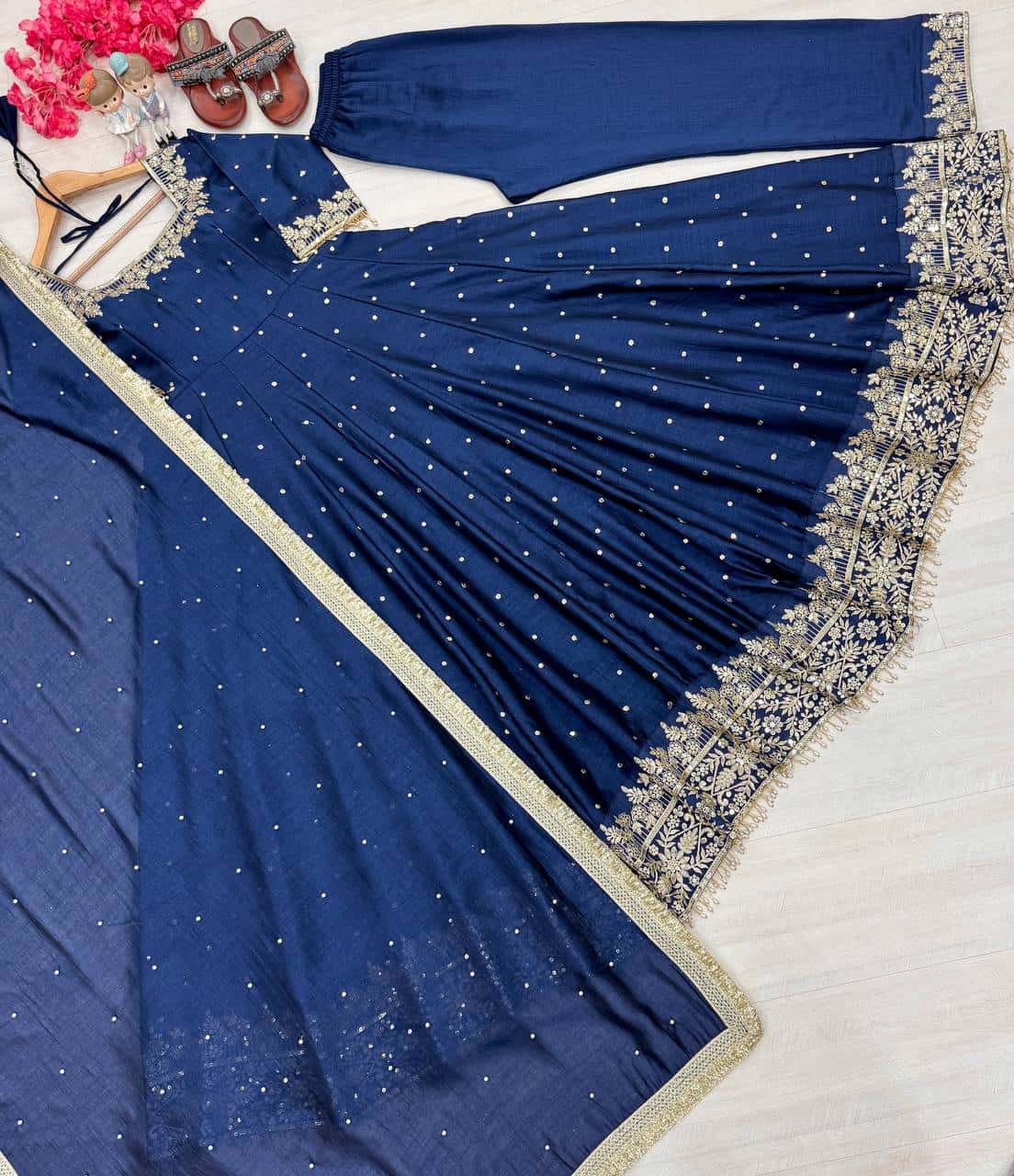 "Luxury Anarkali Gown Set with Vichitra Silk, Embroidered Sequence, Plazzo, and Designer Dupatta"