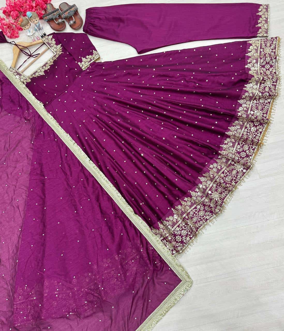 "Luxury Anarkali Gown Set with Vichitra Silk, Embroidered Sequence, Plazzo, and Designer Dupatta"