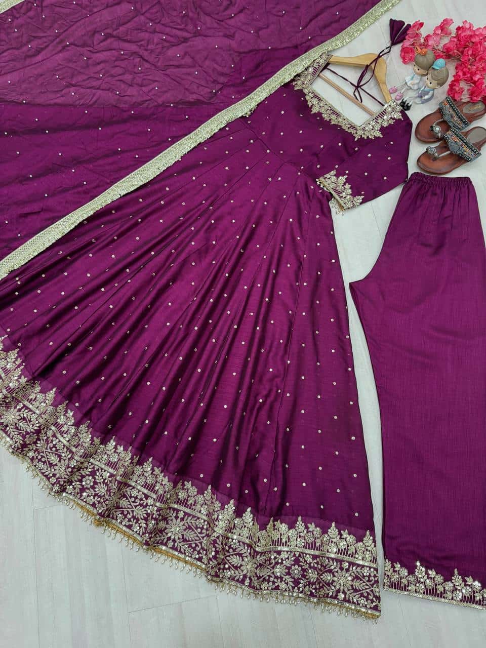 "Luxury Anarkali Gown Set with Vichitra Silk, Embroidered Sequence, Plazzo, and Designer Dupatta"