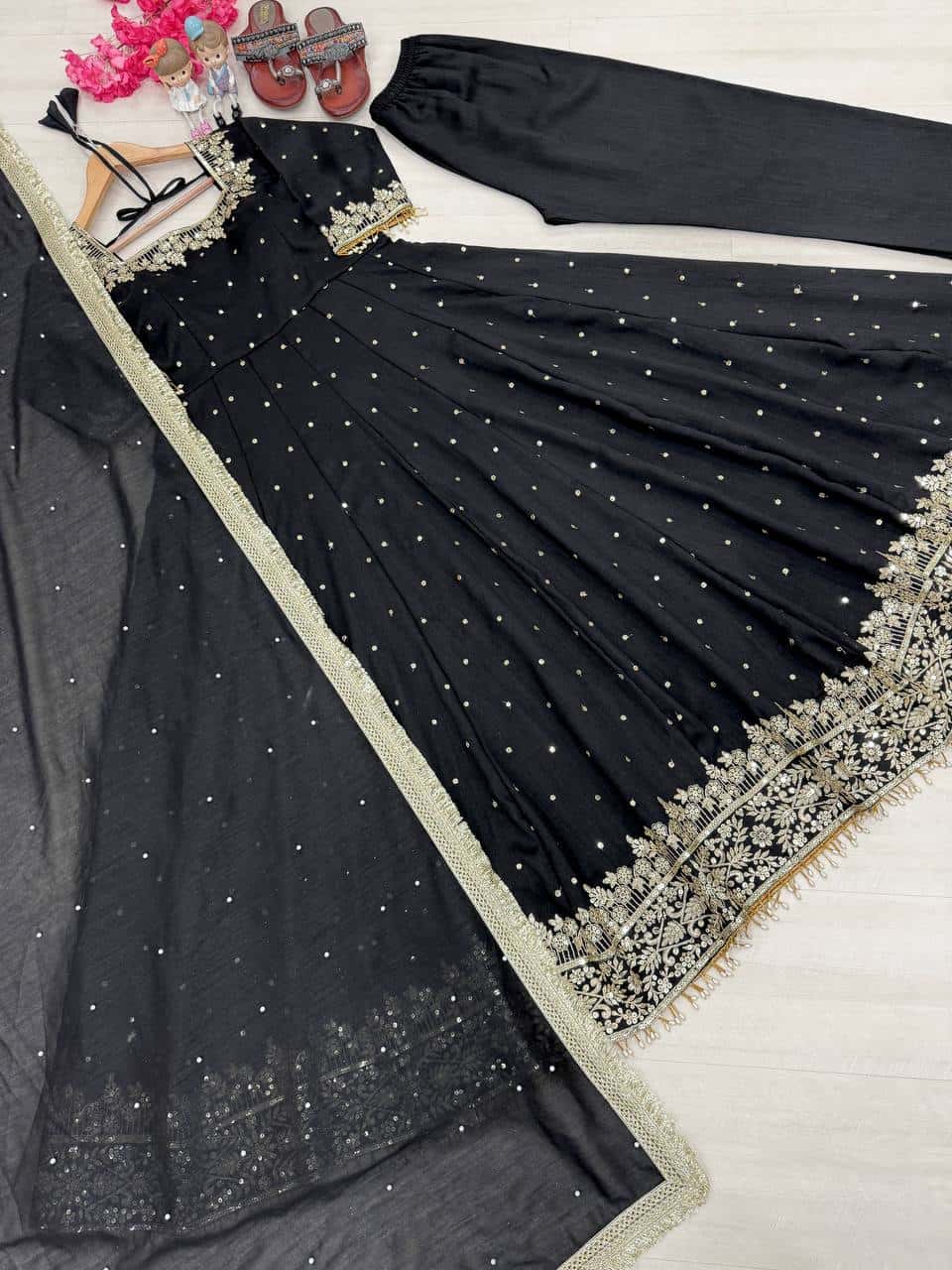 "Luxury Anarkali Gown Set with Vichitra Silk, Embroidered Sequence, Plazzo, and Designer Dupatta"