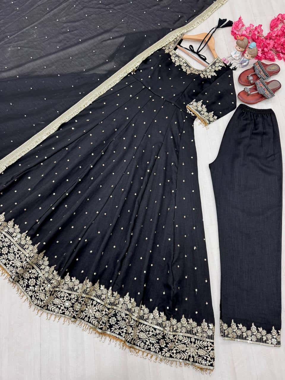 "Luxury Anarkali Gown Set with Vichitra Silk, Embroidered Sequence, Plazzo, and Designer Dupatta"