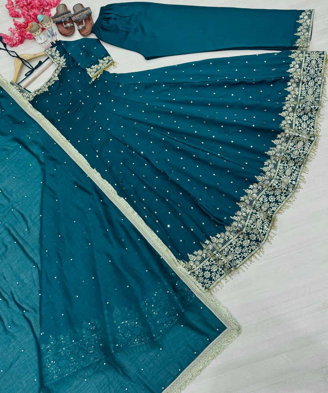 "Luxury Anarkali Gown Set with Vichitra Silk, Embroidered Sequence, Plazzo, and Designer Dupatta"