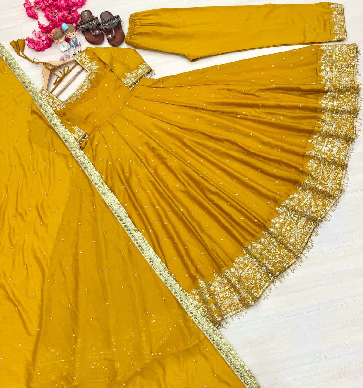 "Luxury Anarkali Gown Set with Vichitra Silk, Embroidered Sequence, Plazzo, and Designer Dupatta"