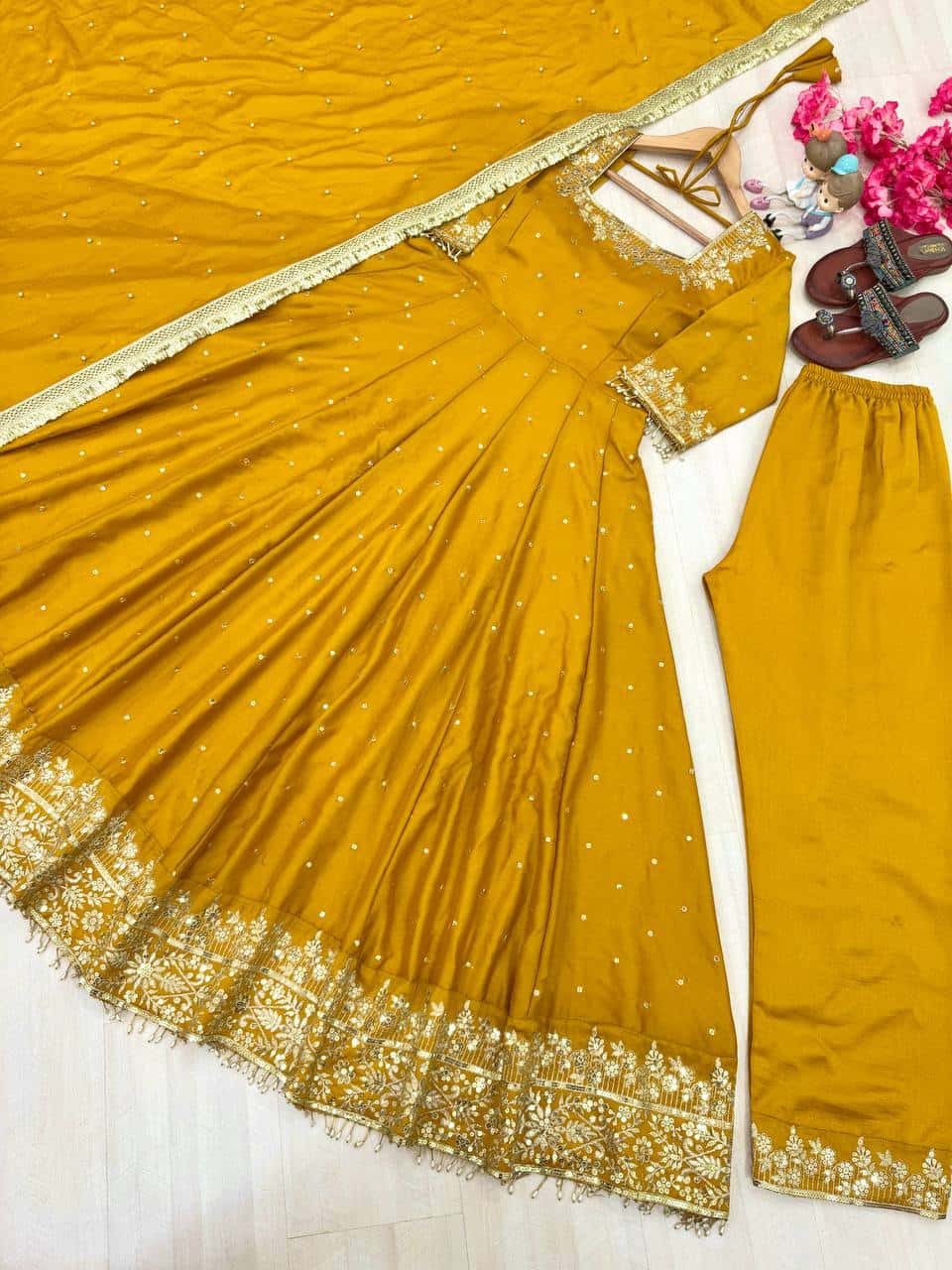 "Luxury Anarkali Gown Set with Vichitra Silk, Embroidered Sequence, Plazzo, and Designer Dupatta"