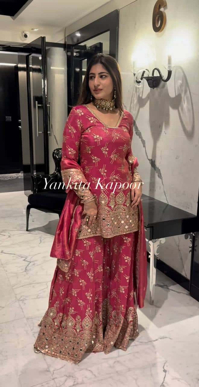 "Elegance Redefined: Heavy Simmer Silk Sharara Set with Embroidery Sequence Work"