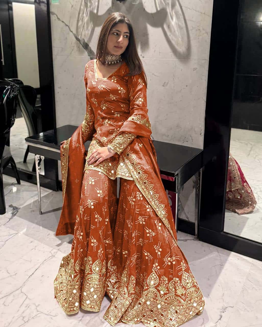 "Elegance Redefined: Heavy Simmer Silk Sharara Set with Embroidery Sequence Work"