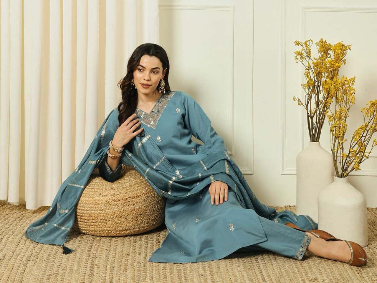 Denim Blue Roman Silk Kurti Set with Beautiful Embroidery and Sequence Work