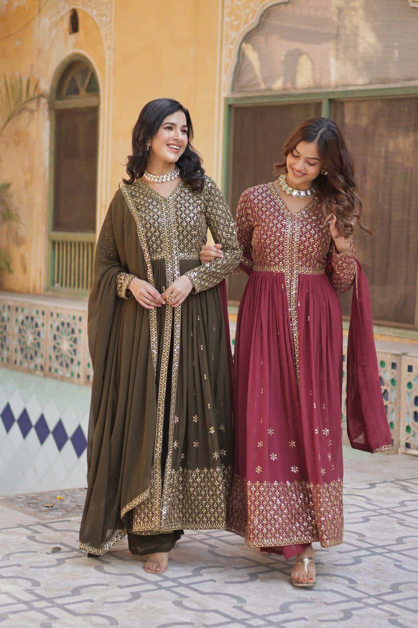 "Elegant Faux Georgette Embroidered Set with Sequins Dupatta"