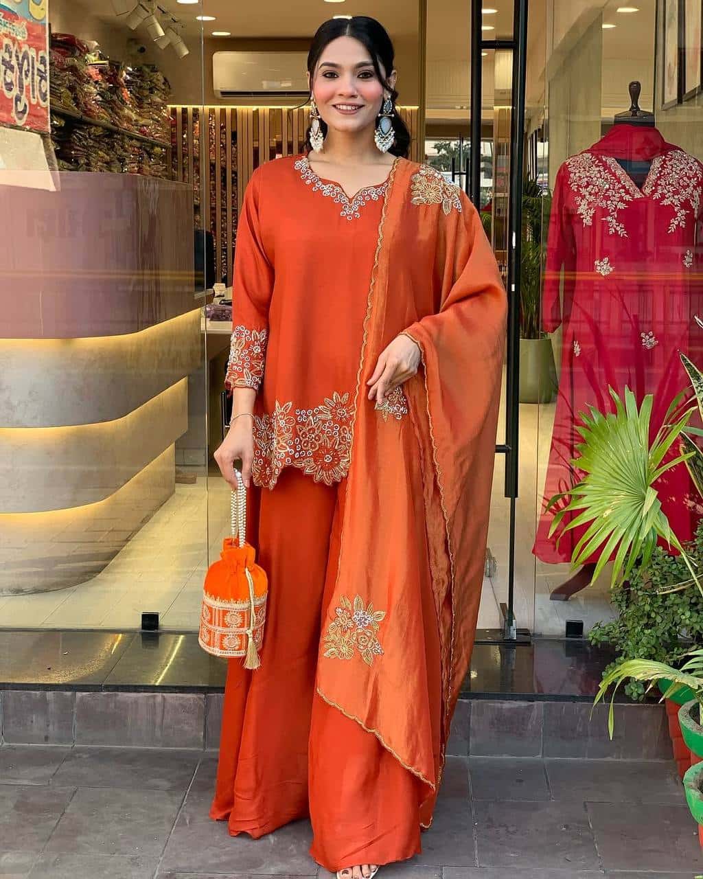 "Elegant Faux Georgette Embroidered Top with Plazzo & Dupatta Set"