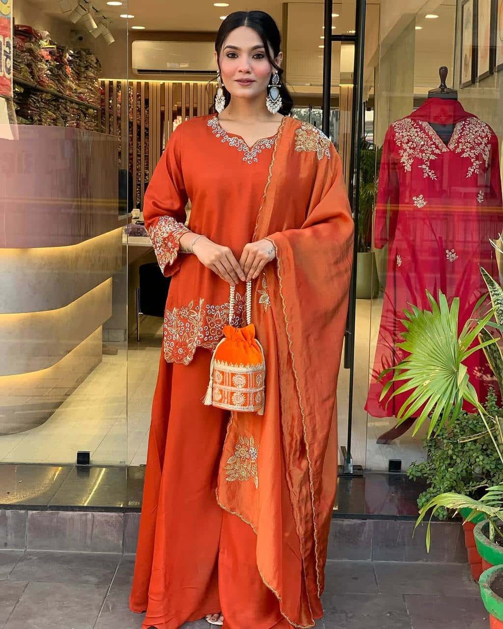 "Elegant Faux Georgette Embroidered Top with Plazzo & Dupatta Set"