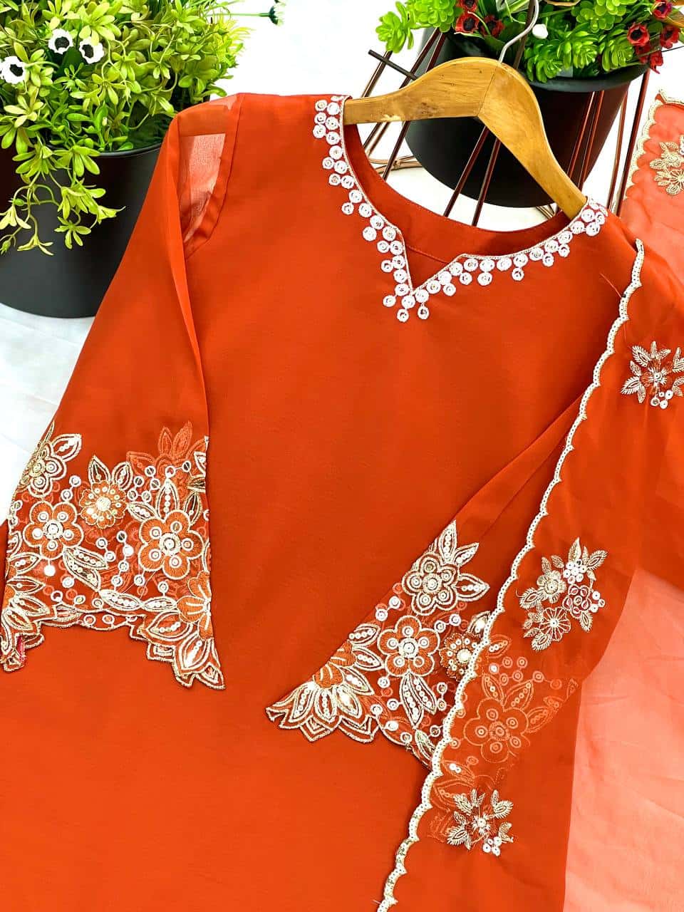 "Elegant Faux Georgette Embroidered Top with Plazzo & Dupatta Set"