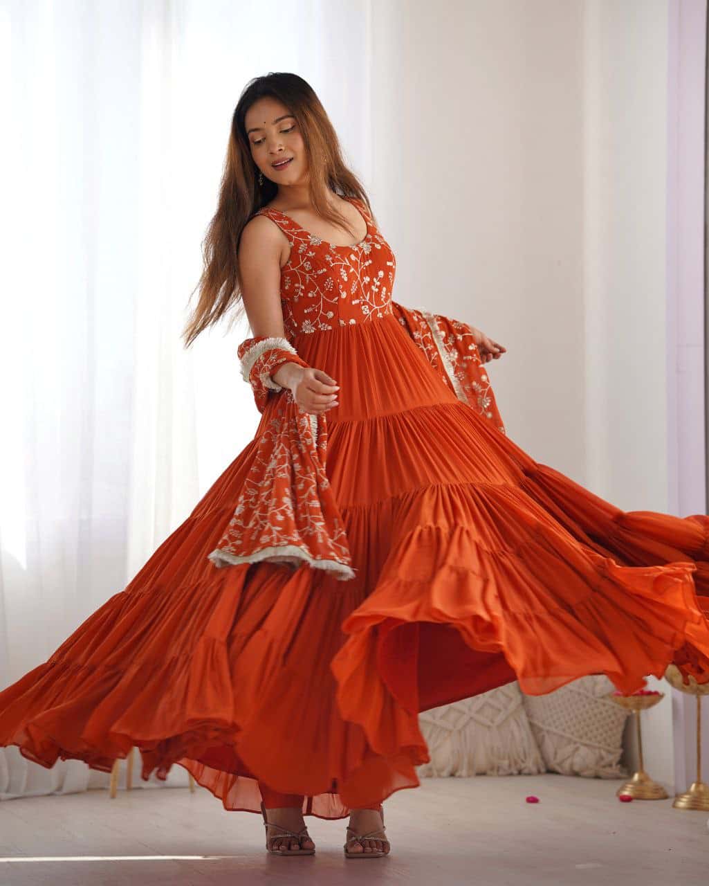 "Premium Fox Georgette Anarkali Gown with Embroidered Dupatta & Padded Inner Lining"