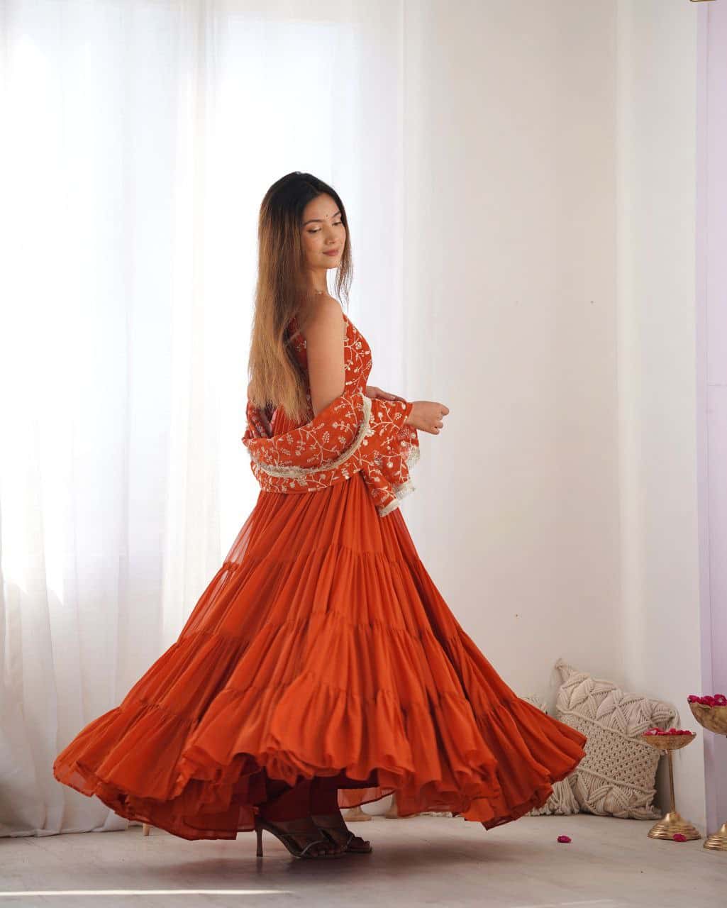 "Premium Fox Georgette Anarkali Gown with Embroidered Dupatta & Padded Inner Lining"