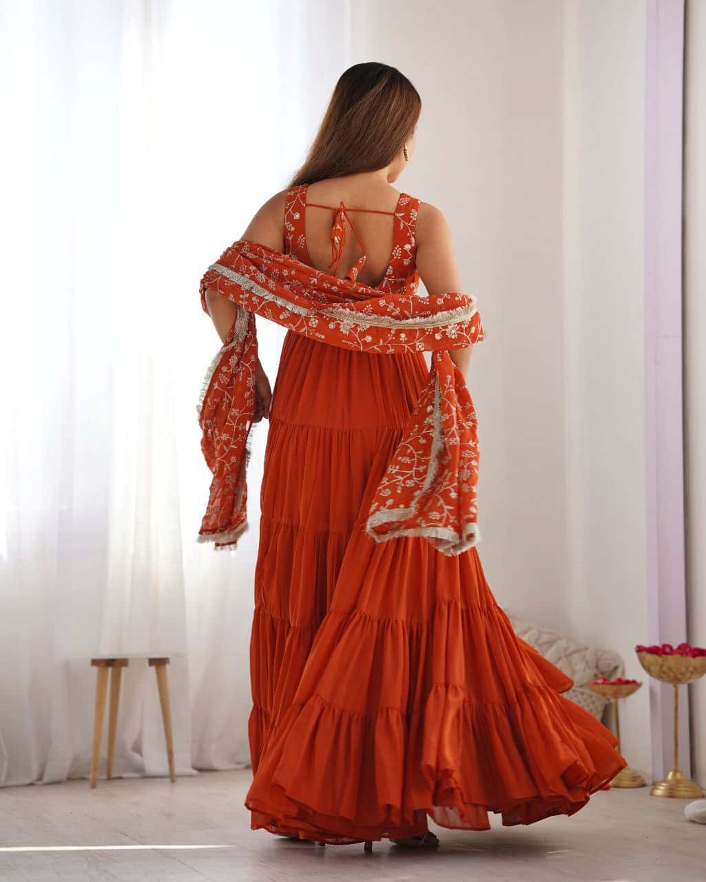 "Premium Fox Georgette Anarkali Gown with Embroidered Dupatta & Padded Inner Lining"