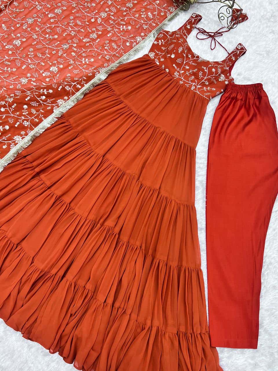 "Premium Fox Georgette Anarkali Gown with Embroidered Dupatta & Padded Inner Lining"