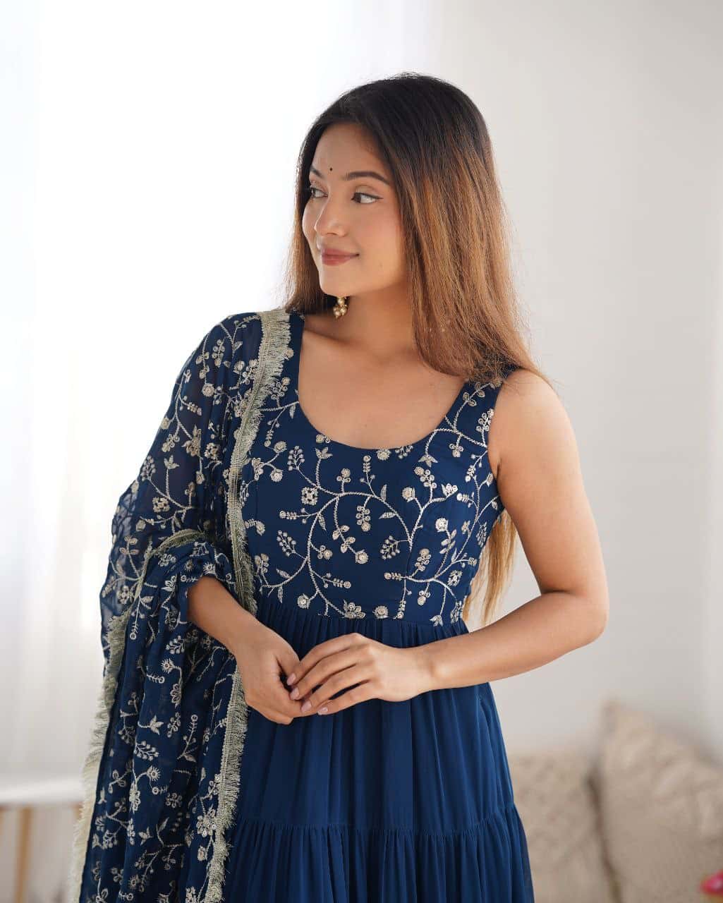 "Premium Fox Georgette Anarkali Gown with Embroidered Dupatta & Padded Inner Lining"