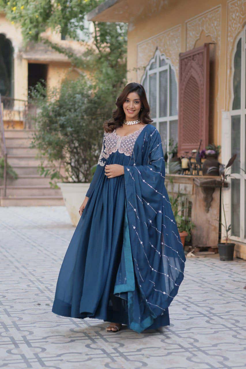 "Elegant Star Georgette Embroidered Gown with Beads, Sequins & Full Sleeves – Includes Dupatta"
