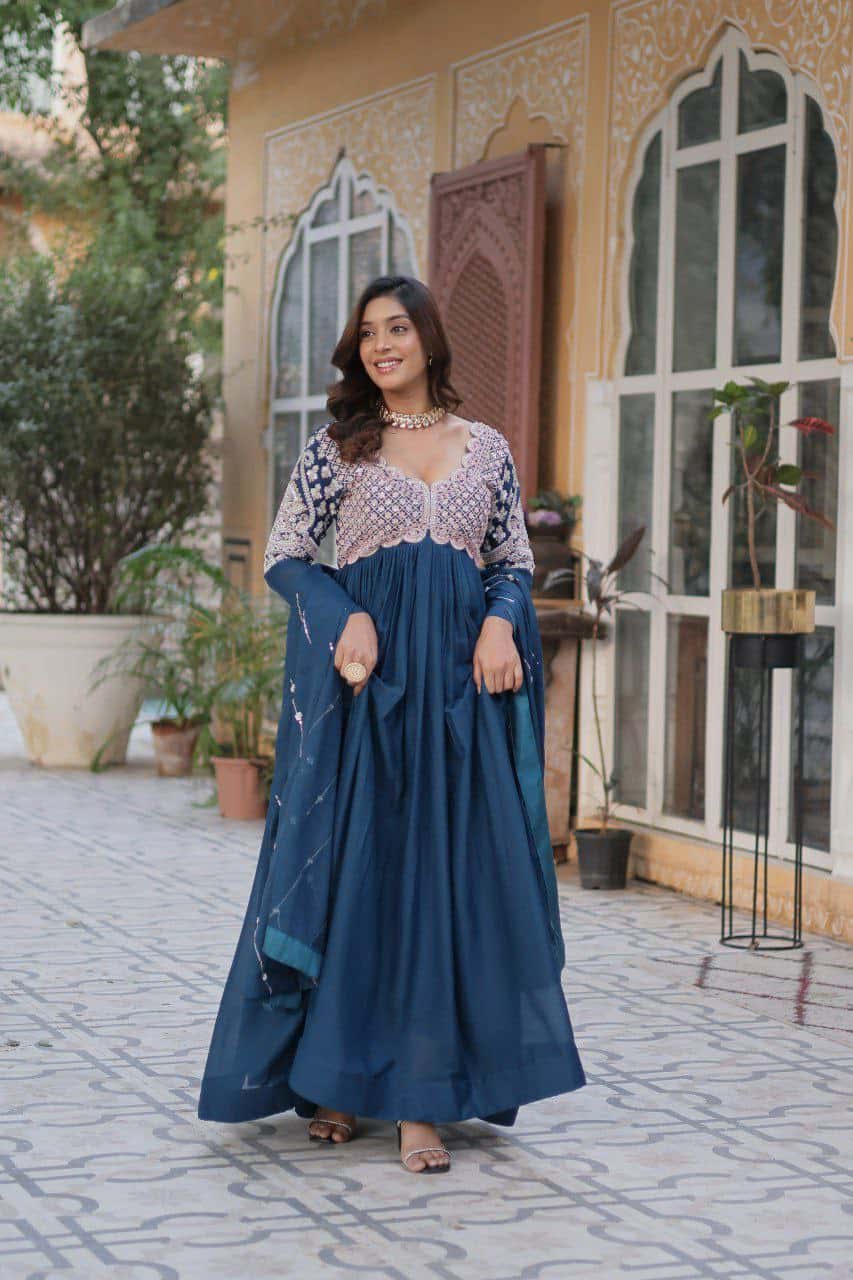 "Elegant Star Georgette Embroidered Gown with Beads, Sequins & Full Sleeves – Includes Dupatta"