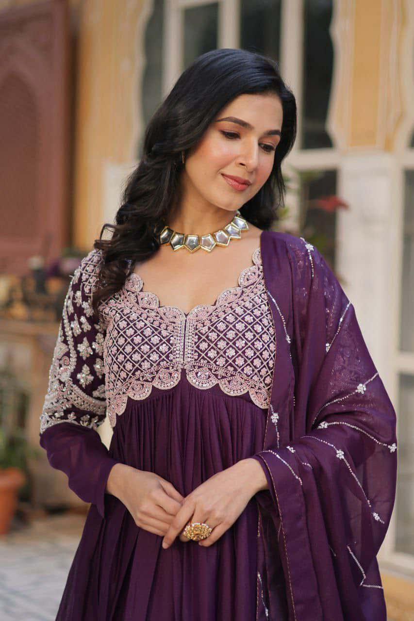 "Elegant Star Georgette Embroidered Gown with Beads, Sequins & Full Sleeves – Includes Dupatta"