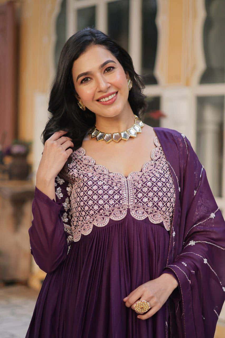 "Elegant Star Georgette Embroidered Gown with Beads, Sequins & Full Sleeves – Includes Dupatta"