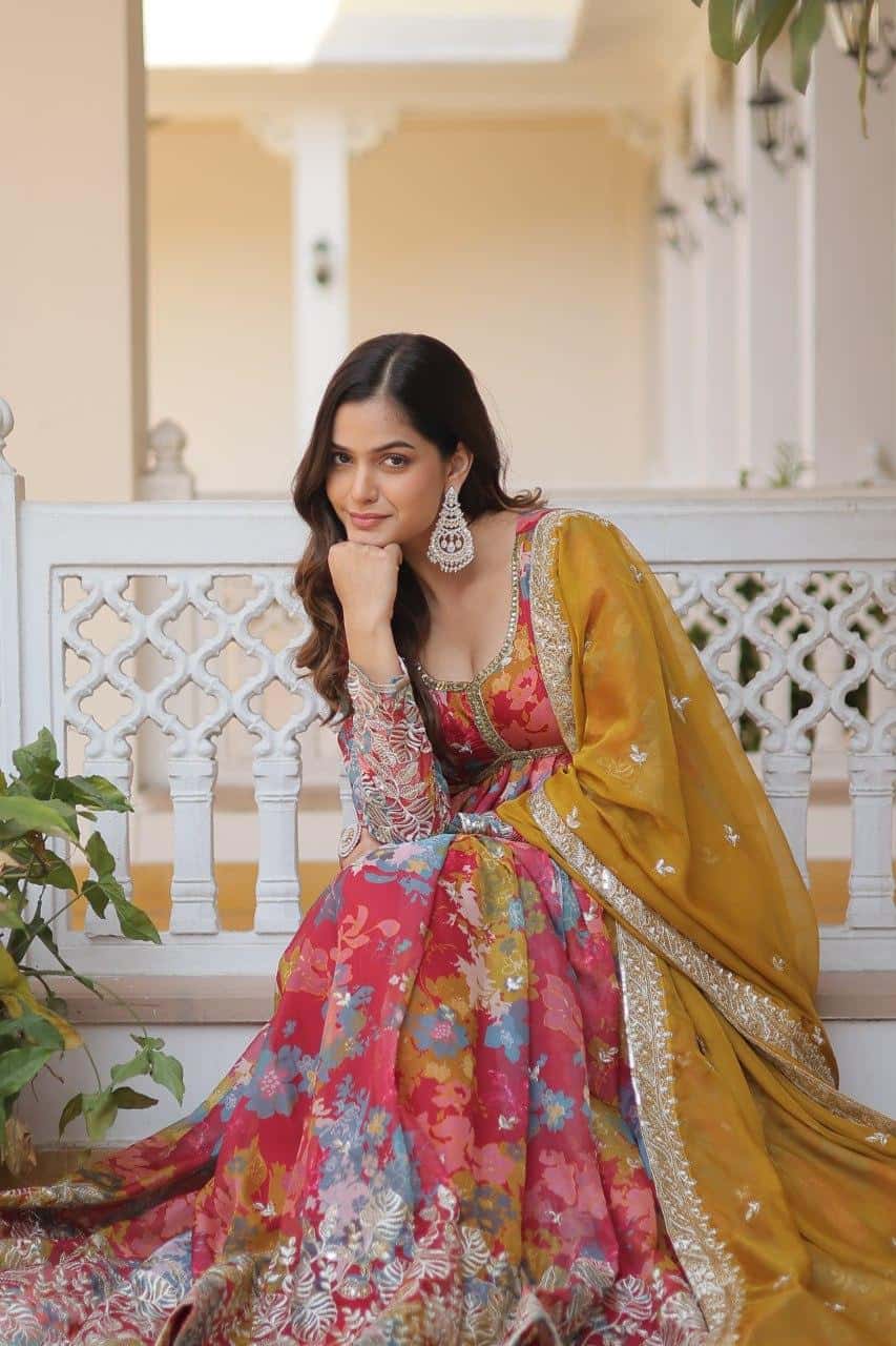 Premium readymade alia cut silk gown with dupatta sets
