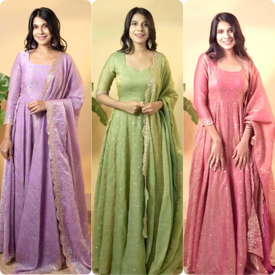 "Beautiful Embroidered Soft Gold Crush Silk Umbrella Gown with Dupatta" - Efashionkart