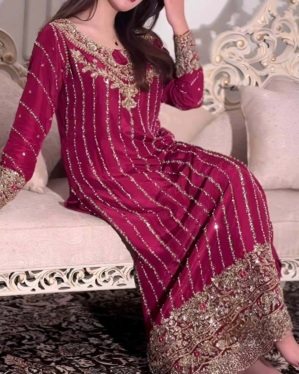"Luxury Heavy Chinon Silk Top, Plazzo & Dupatta with Rivet Moti Work"