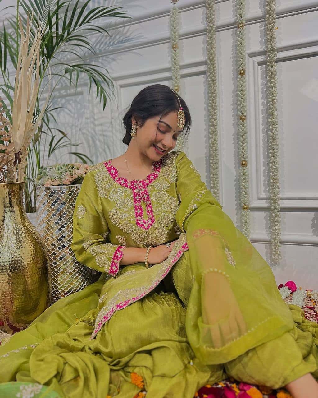 "Premium Heavy Chinon Silk Embroidered Top, Gharara, and Dupatta Set"