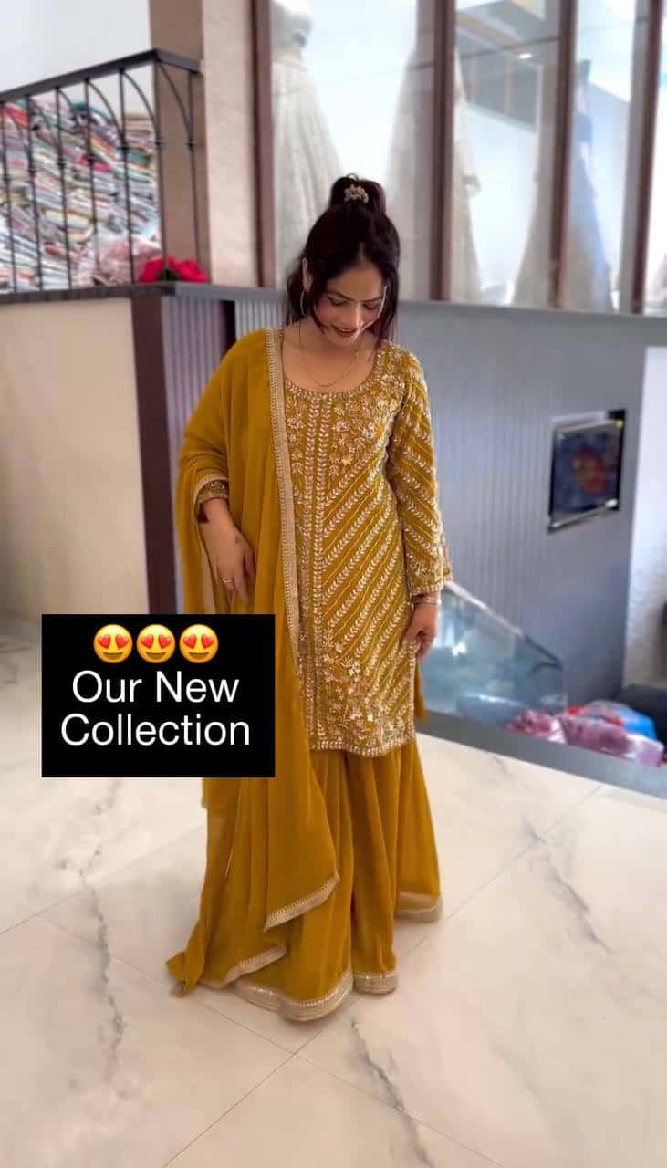 Embroidered Faux Georgette Top with Sharara Plazzo and Dupatta Set