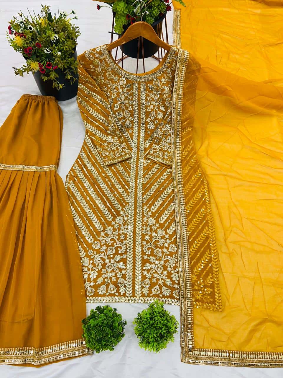 Embroidered Faux Georgette Top with Sharara Plazzo and Dupatta Set