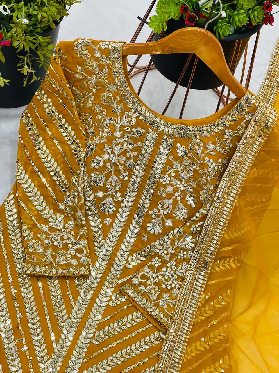Embroidered Faux Georgette Top with Sharara Plazzo and Dupatta Set