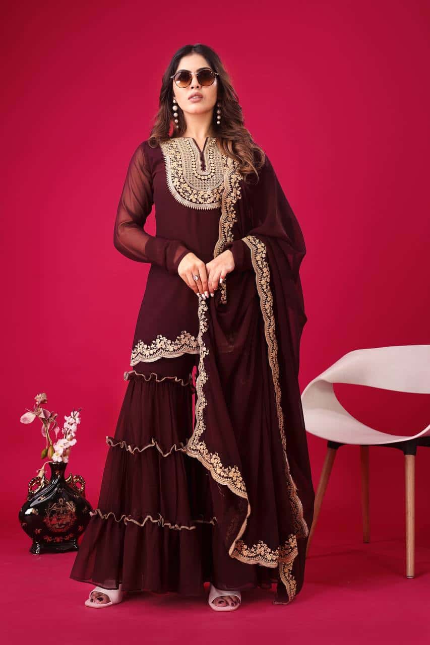 "Elegant Faux Georgette Embroidered Top, Plazzo & Dupatta Set – Ready to Wear"