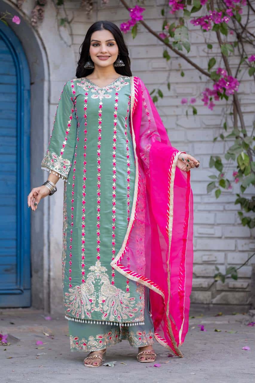 "Luxurious Heavy Roman Silk Top & Plazzo Set with Fancy Handwork & Organza Dupatta"