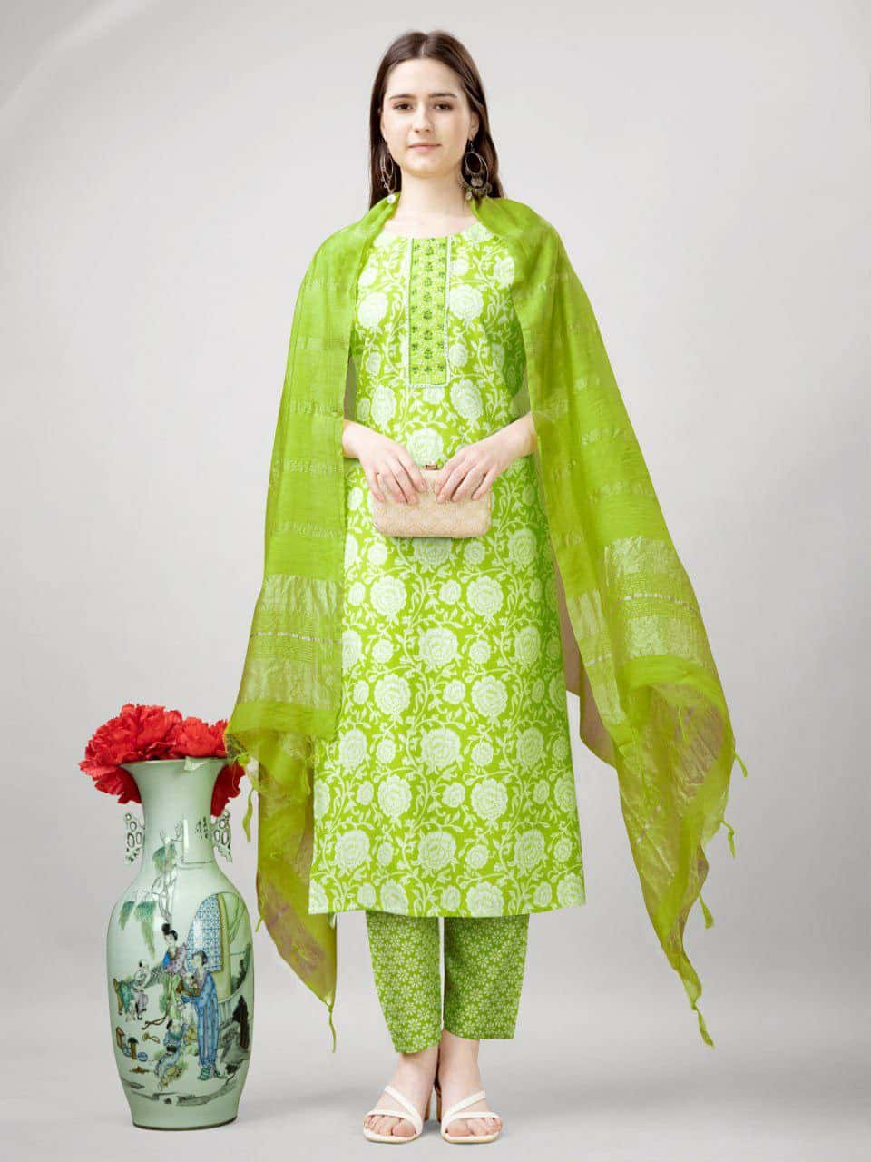 "Elegant Parrot Green Rayon Kurti Set with Embroidery, Fancy Lace, and Silk Blend Dupatta"