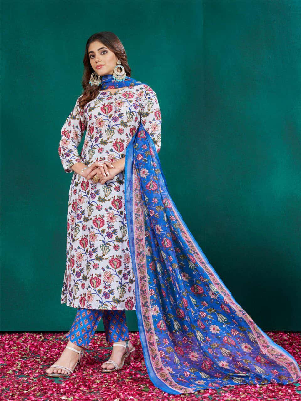 "Elegant White Cotton Blend Printed Kurti Set with Pant & Dupatta"
