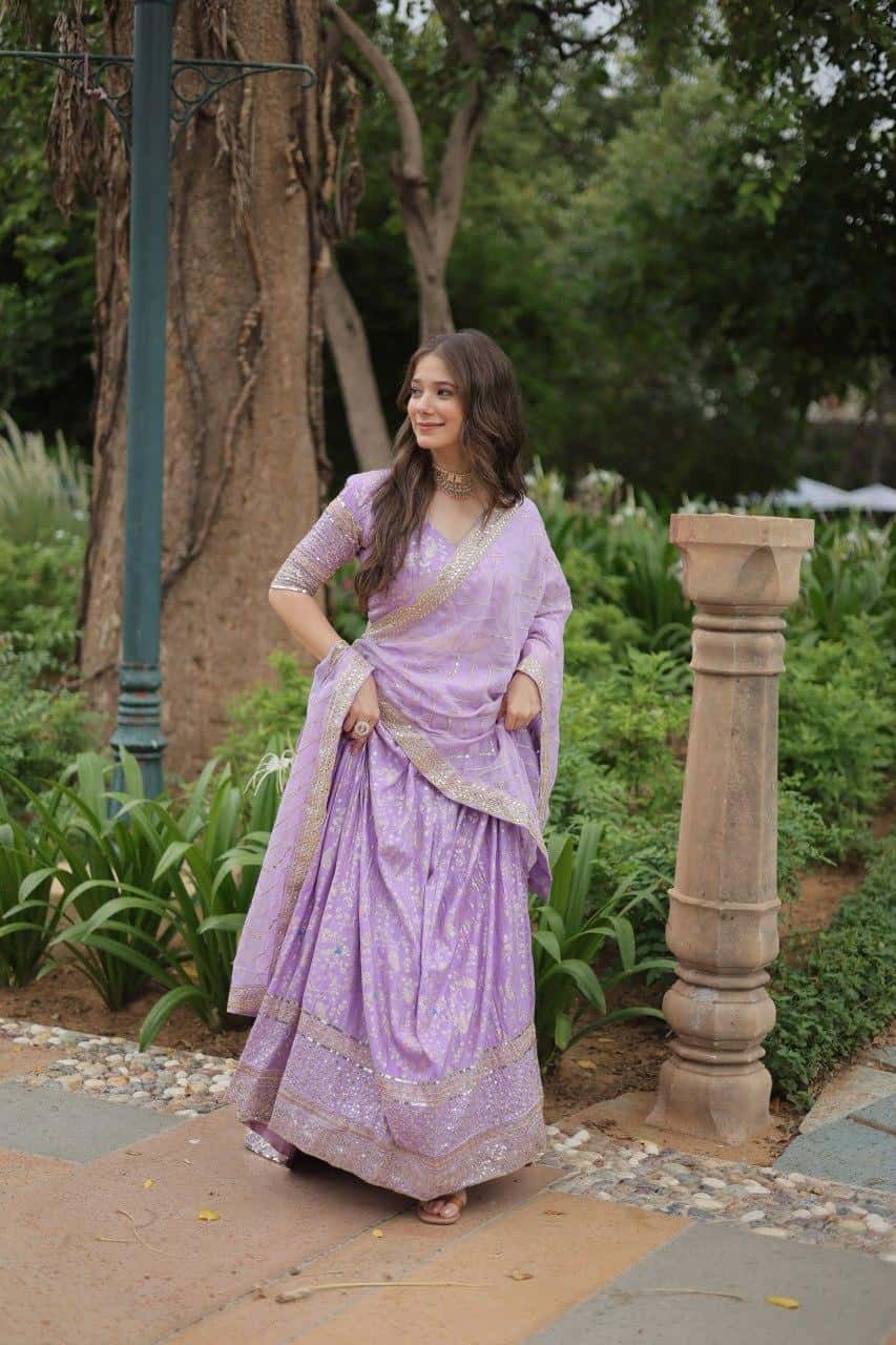 Pure Dyable Viscose Jacquard with Golden Embroidered Sequins Work  Lehenga with Blouse
