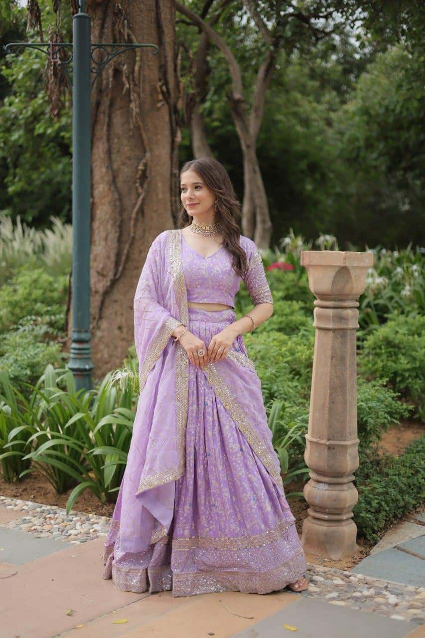 Pure Dyable Viscose Jacquard with Golden Embroidered Sequins Work  Lehenga with Blouse